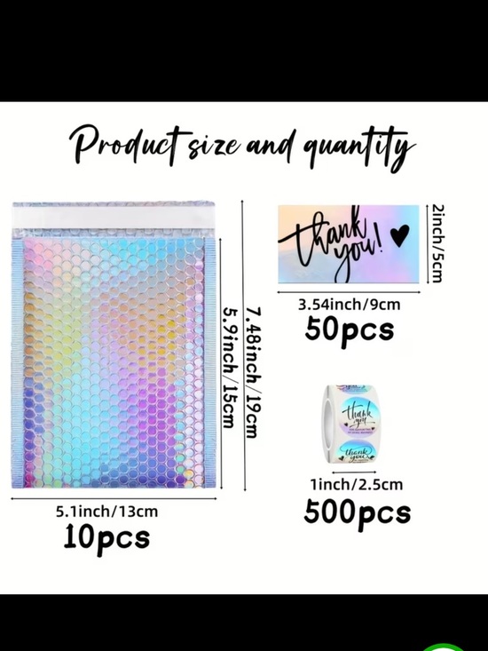 560 pieces  Holographic Bubble Mailers with Thank You Stickers & Cards NEW - Picture 2 of 5